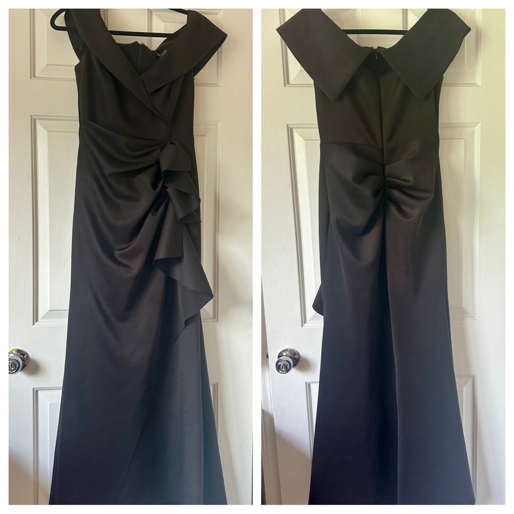 Xscape Black Ruched Asymmetrical Cocktail Gown